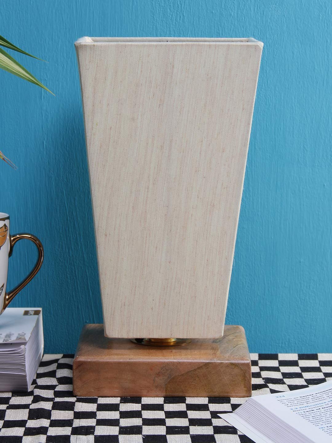 Off-White Pyramid Cotton Shade with Square Wood Base