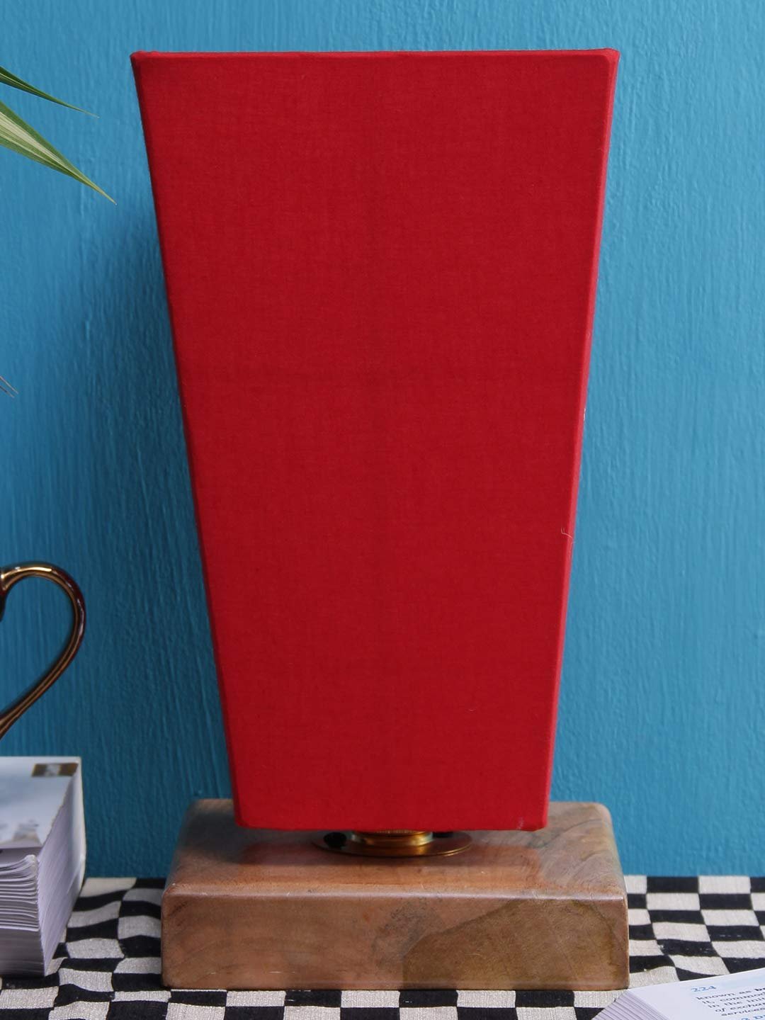 Red Pyramid Cotton Shade with Square Wood Base