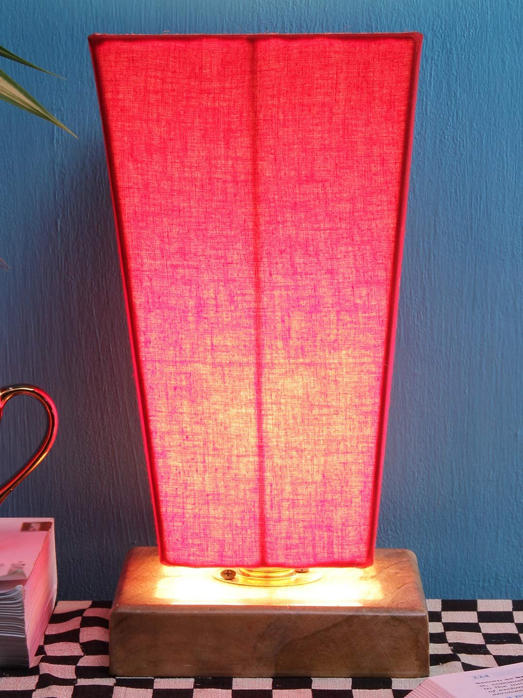 Red Pyramid Cotton Shade with Square Wood Base