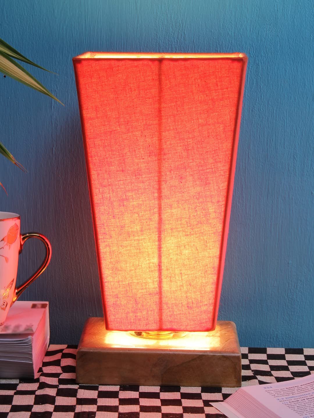 Orange Pyramid Cotton Shade with Square Wood Base