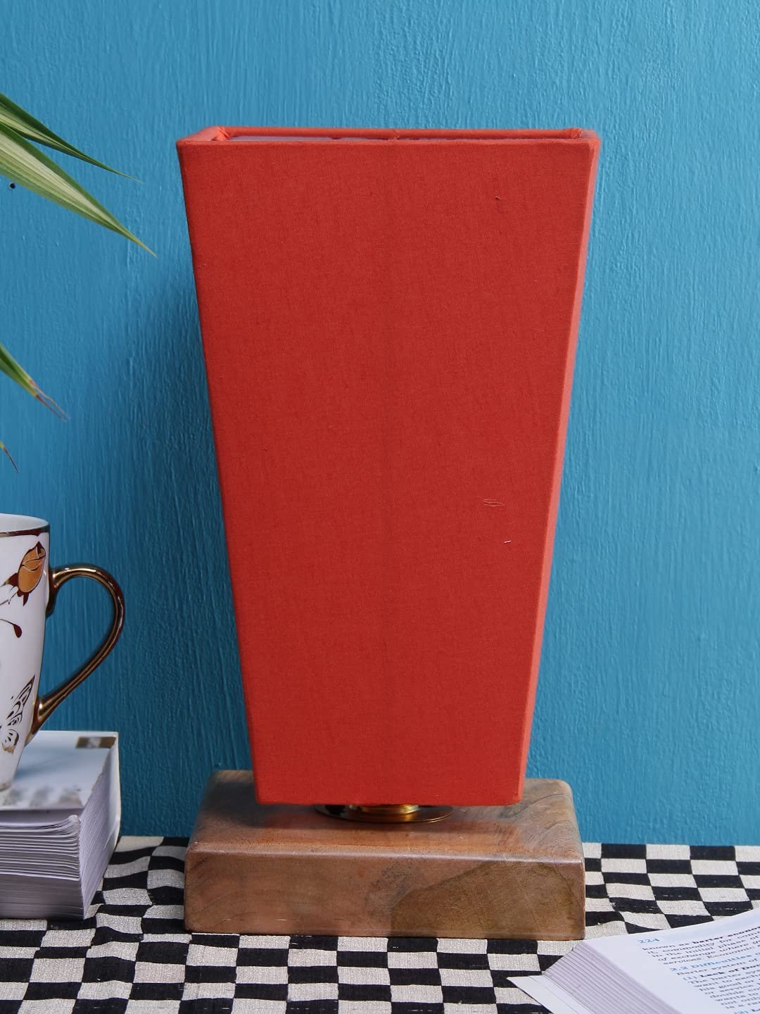 Orange Pyramid Cotton Shade with Square Wood Base