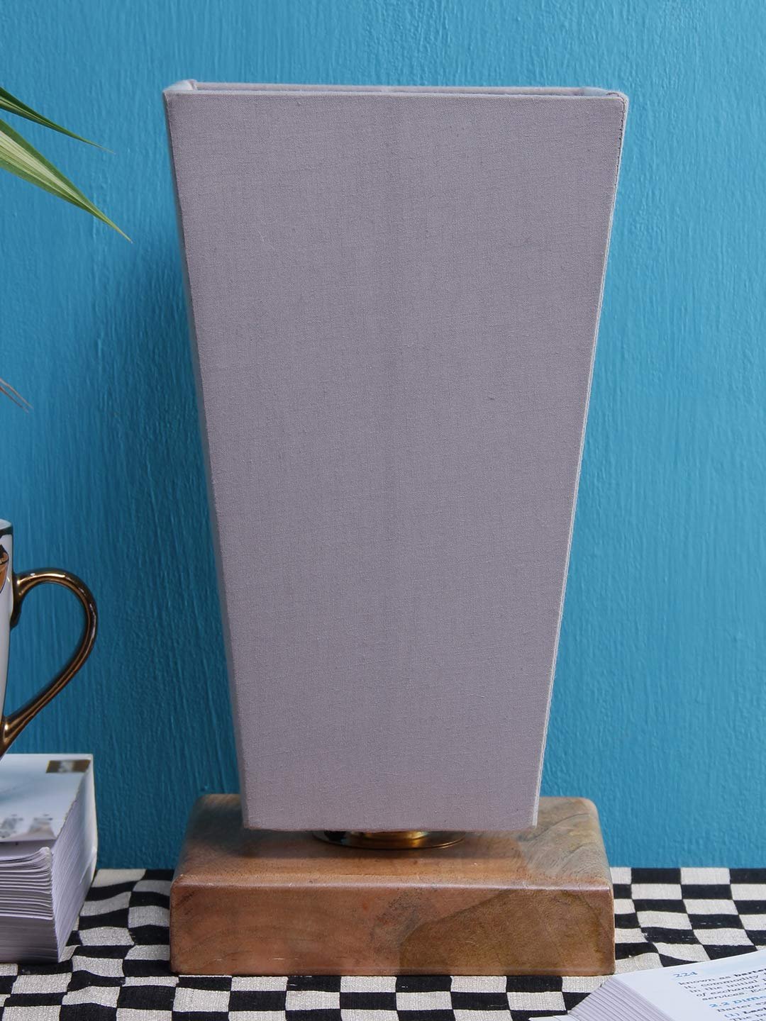 Grey Pyramid Cotton Shade with Square Wood Base