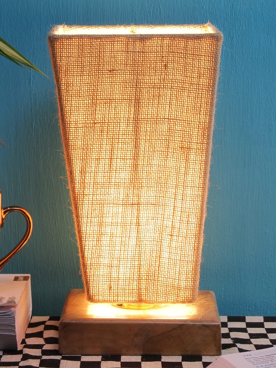 Beige Pyramid Jute Shade with Square Wood Base