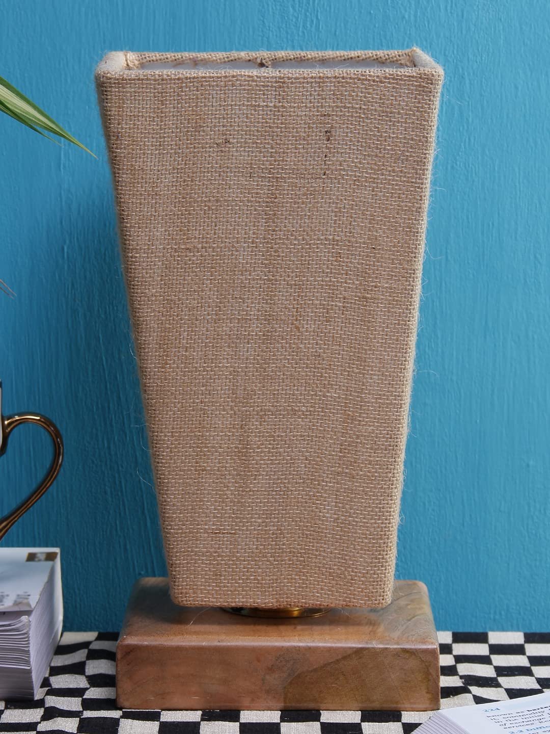 Beige Pyramid Jute Shade with Square Wood Base