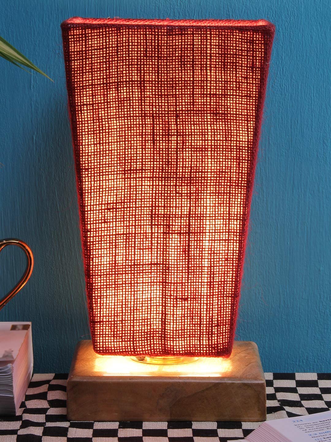 Maroon Pyramid Jute Shade with Square Wood Base