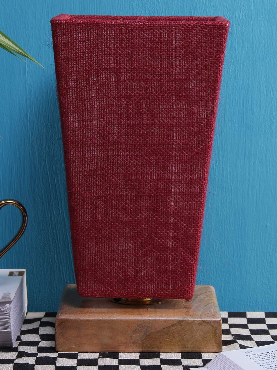 Maroon Pyramid Jute Shade with Square Wood Base