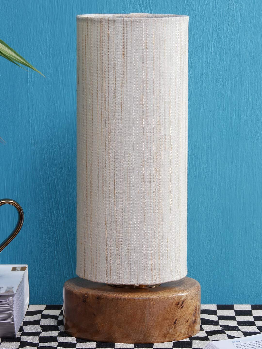 Off-White Cotton Shade with Round Wood Base