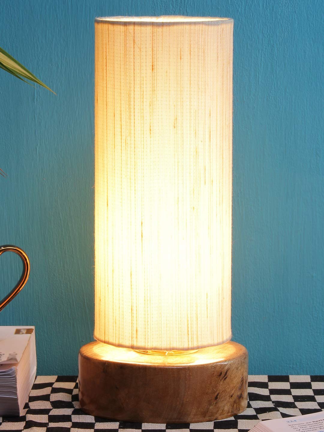 Off-White Cotton Shade with Round Wood Base