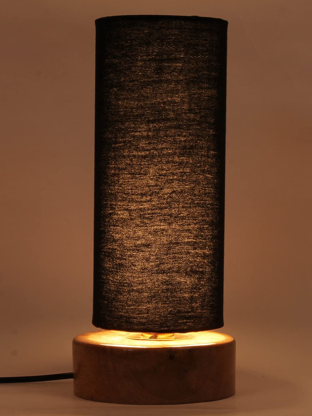 Black Cotton Shade with Round Wood Base