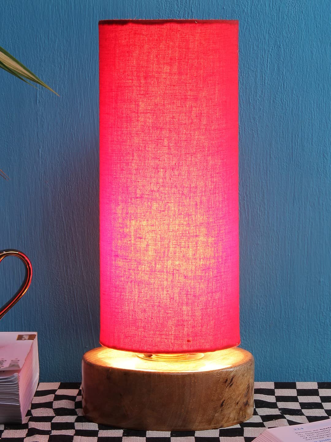 Red Cotton Shade with Round Wood Base