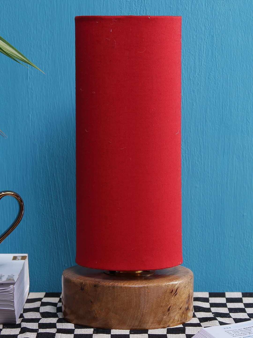 Red Cotton Shade with Round Wood Base