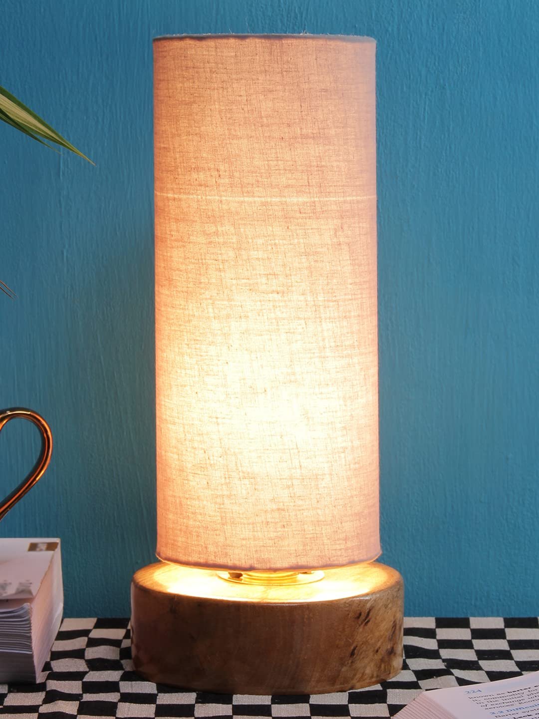 Grey Cotton Shade with Round Wood Base