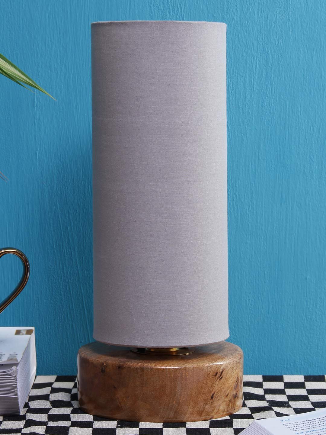 Grey Cotton Shade with Round Wood Base