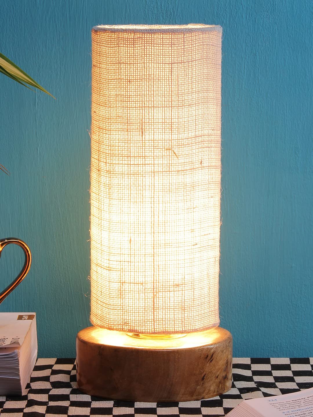 White Jute Shade with Round Wood Base
