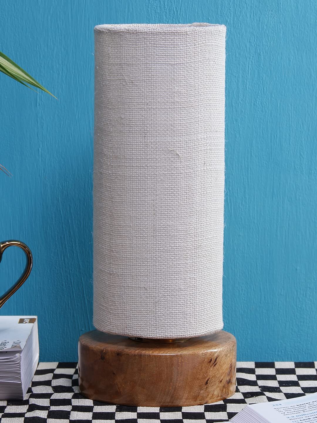 White Jute Shade with Round Wood Base