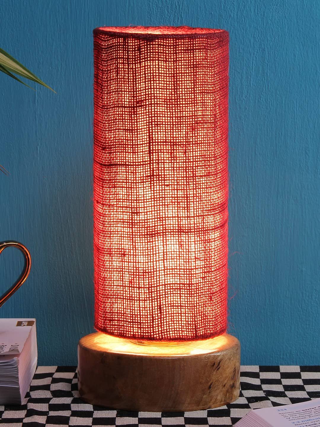 Maroon Jute Shade with Round Wood Base