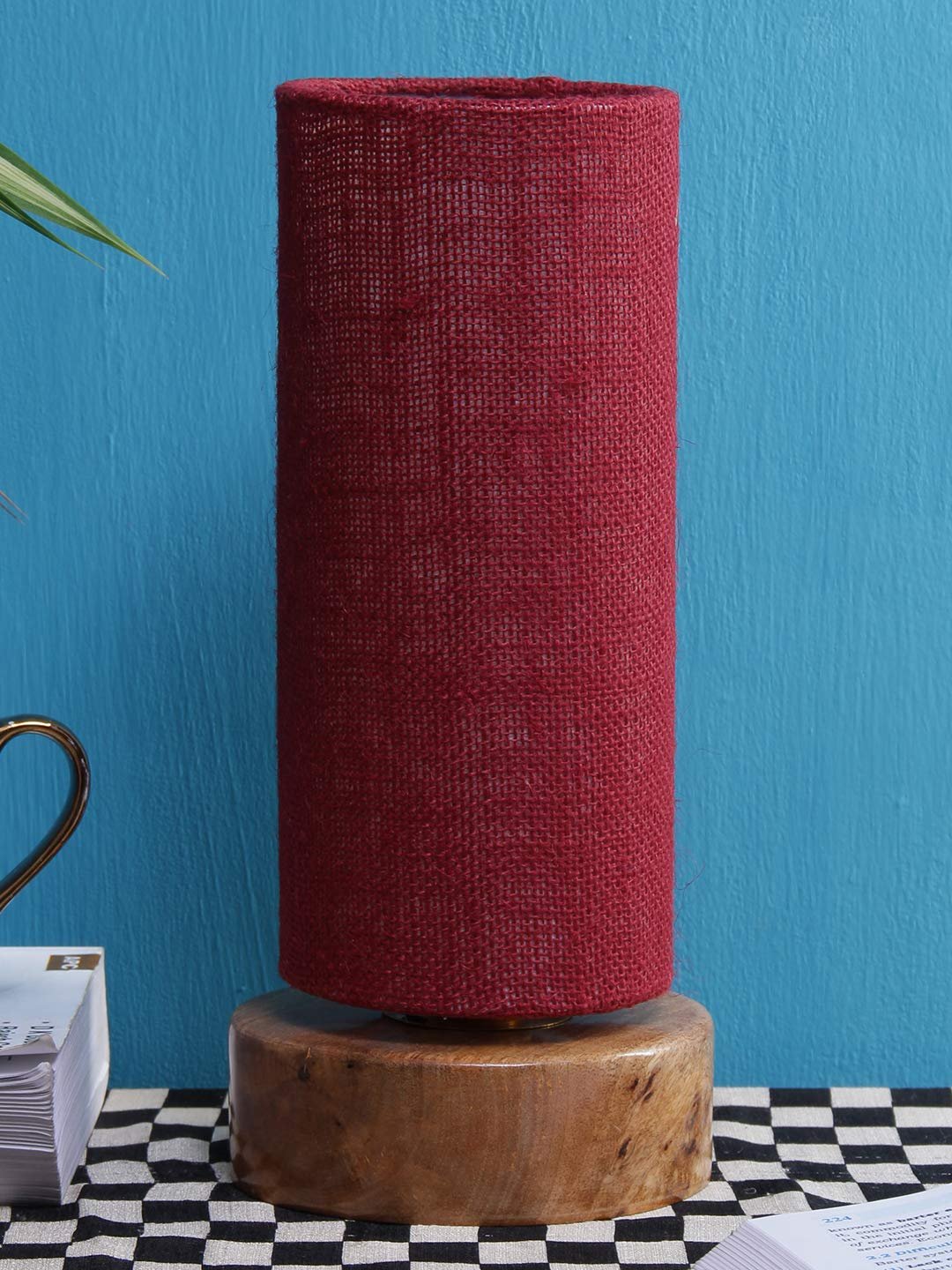 Maroon Jute Shade with Round Wood Base