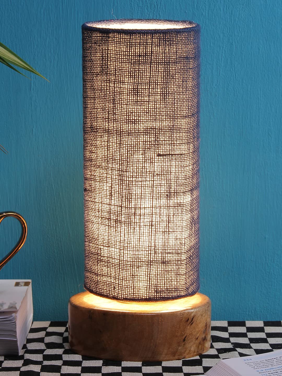 Blue Jute Shade with Round Wood Base