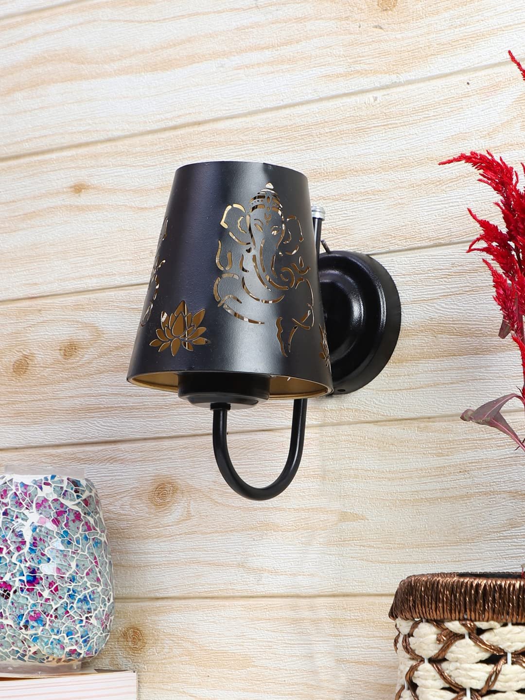 Etched Ganesh Ji Wall Mounted Lamp with Iron Base(JH09)