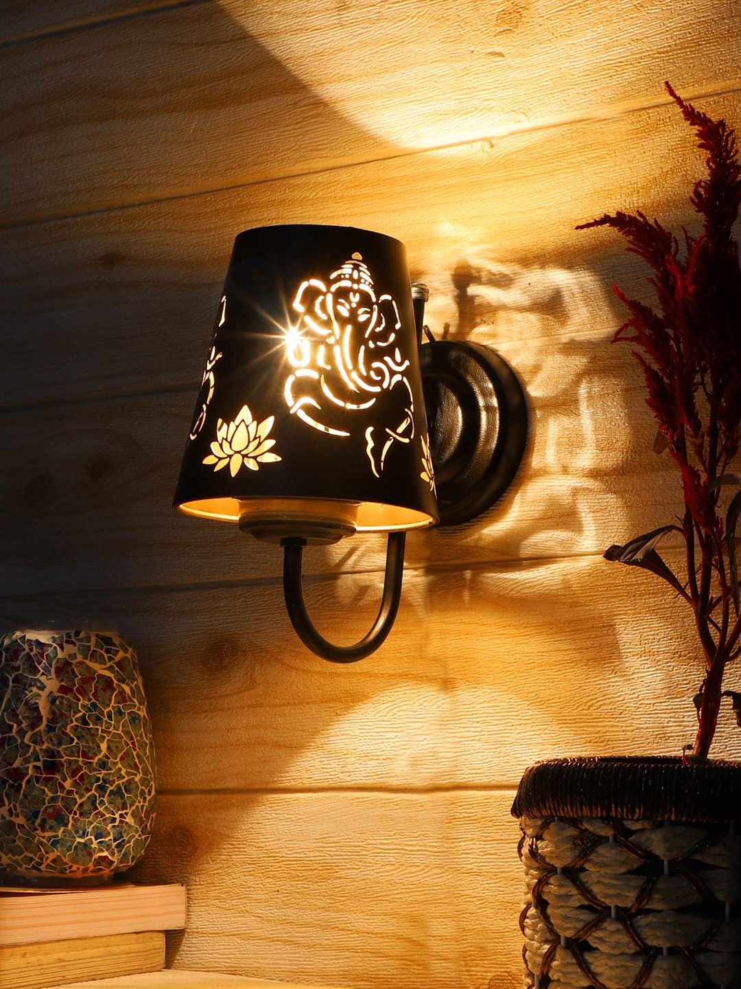Etched Ganesh Ji Wall Mounted Lamp with Iron Base(JH09)