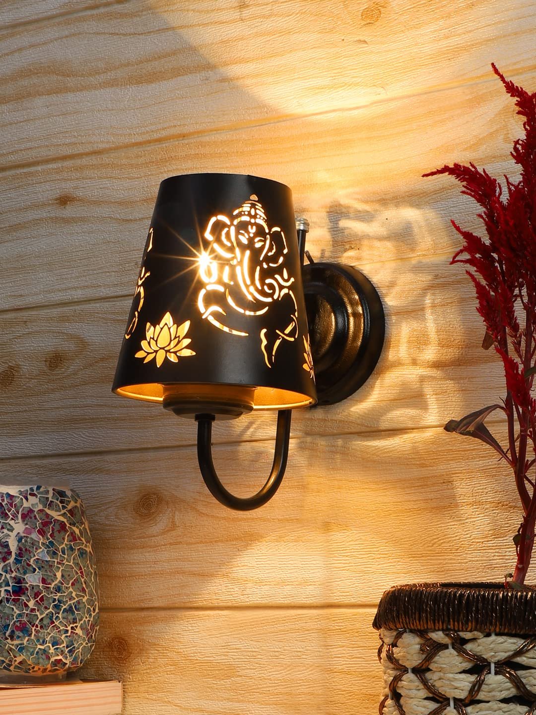 Etched Ganesh Ji Wall Mounted Lamp with Iron Base(JH09)
