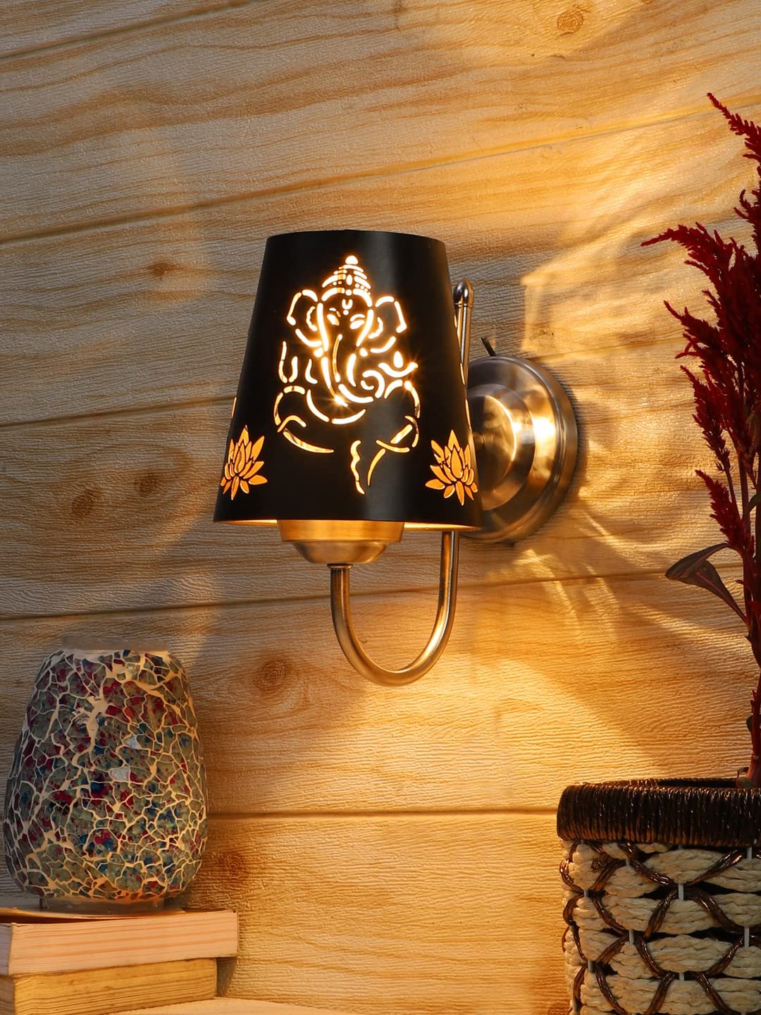 Etched Ganesh Ji Wall Mounted Lamp with Steel Base(JH25)