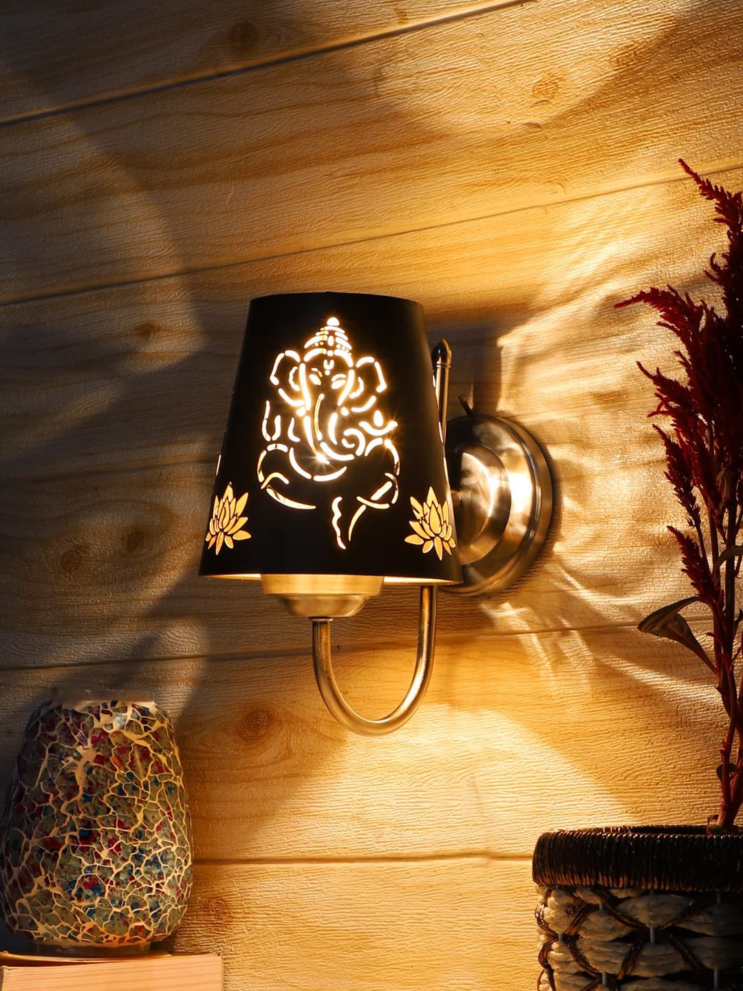 Etched Ganesh Ji Wall Mounted Lamp with Steel Base(JH25)