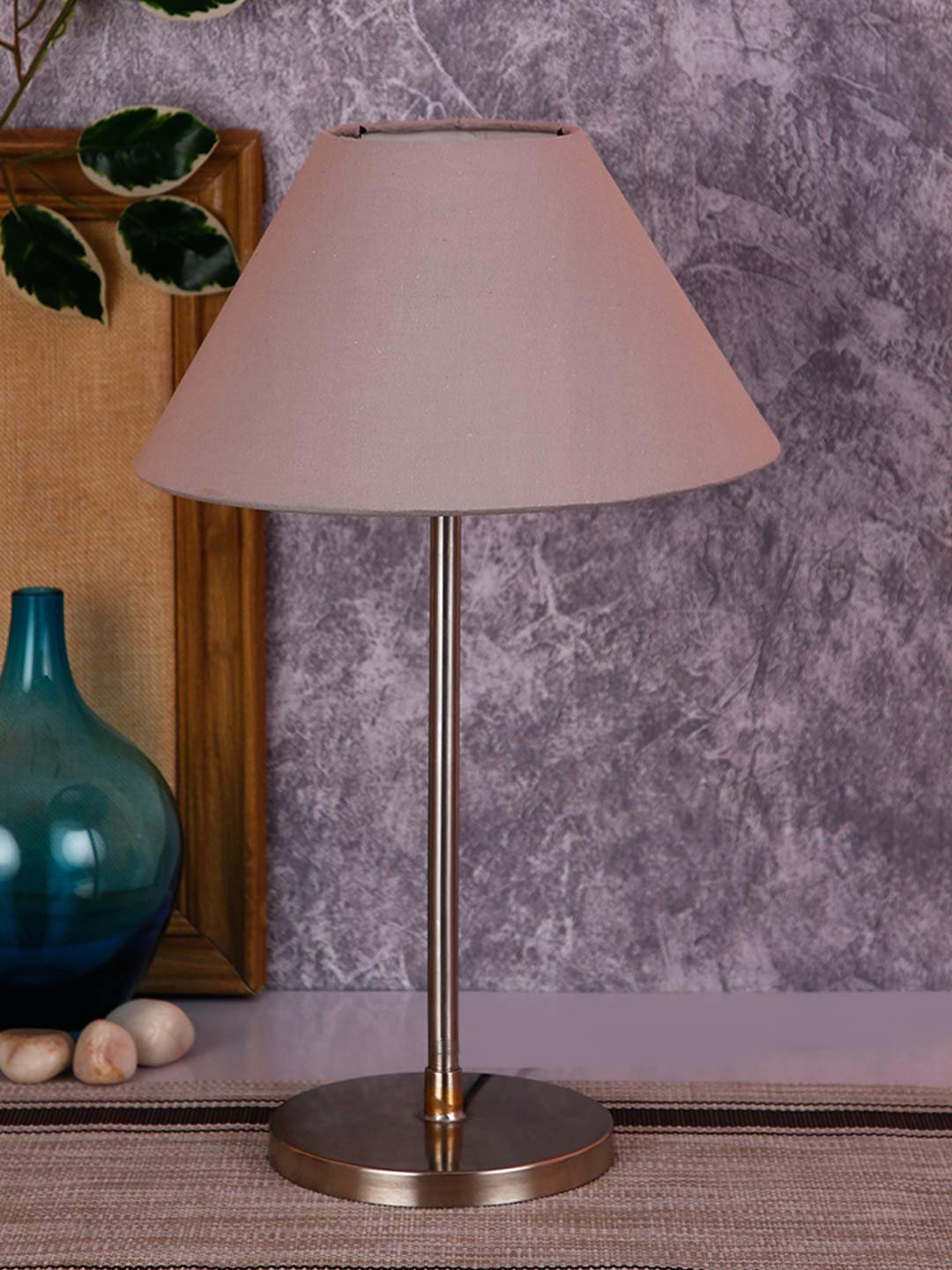 Conical Grey Cotton Shade Table Lamp with Steel Base