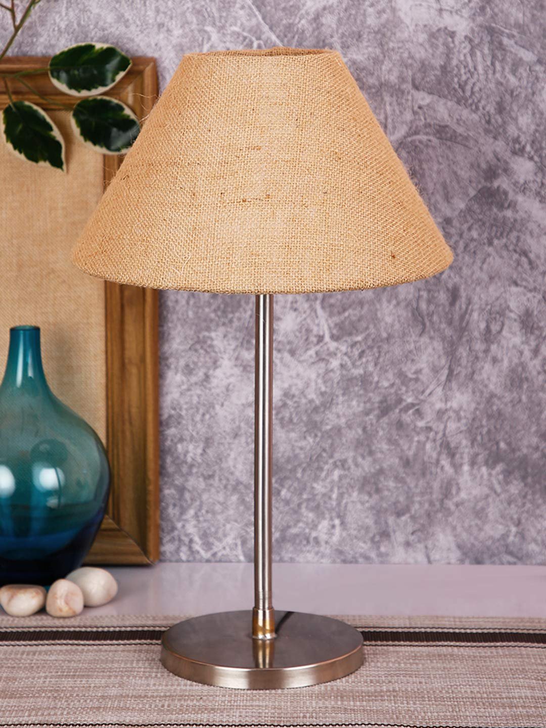 Conical Beige Jute Shade Table Lamp with Steel Base