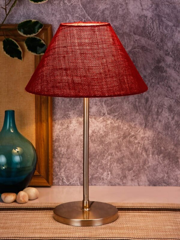 Conical Maroon Jute Shade Table Lamp with Steel Base