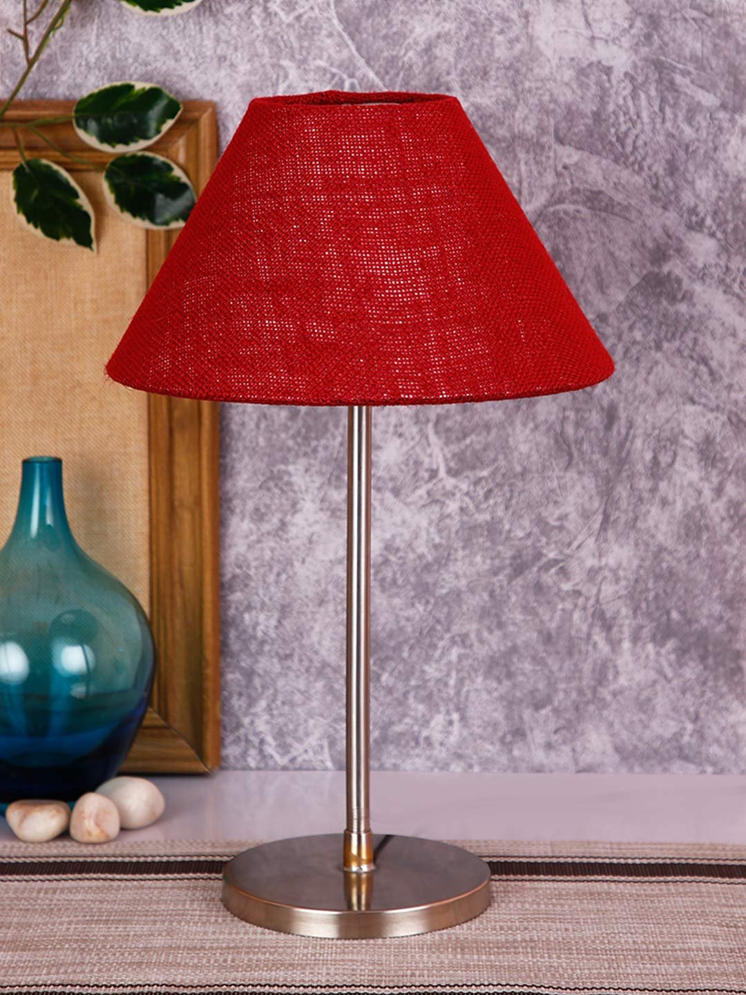 Conical Maroon Jute Shade Table Lamp with Steel Base