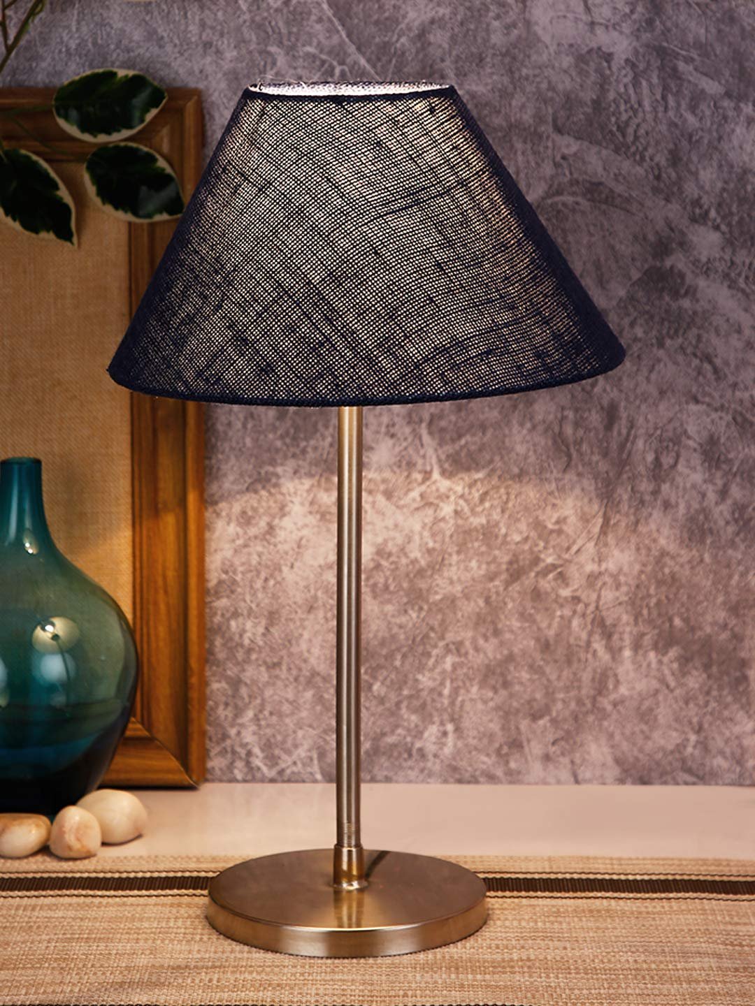 Conical Blue Jute Shade Table Lamp with Steel Base