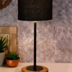 Drum Black Cotton Shade Table Lamp with Wood Base