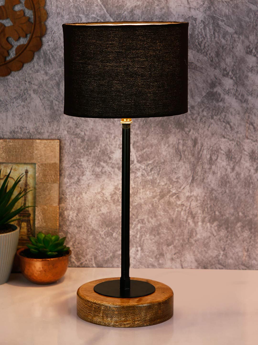 Drum Black Cotton Shade Table Lamp with Wood Base