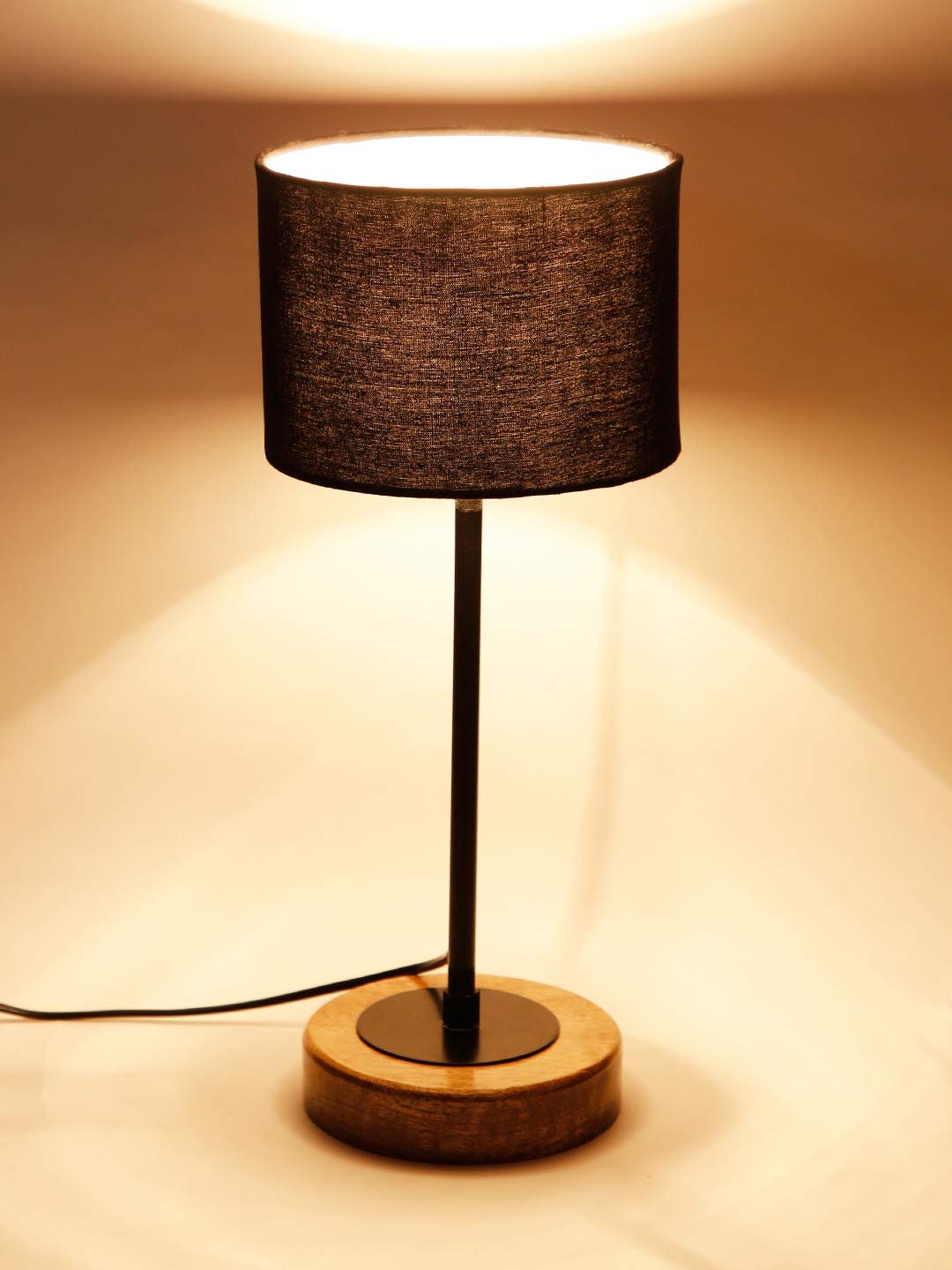 Drum Black Cotton Shade Table Lamp with Wood Base