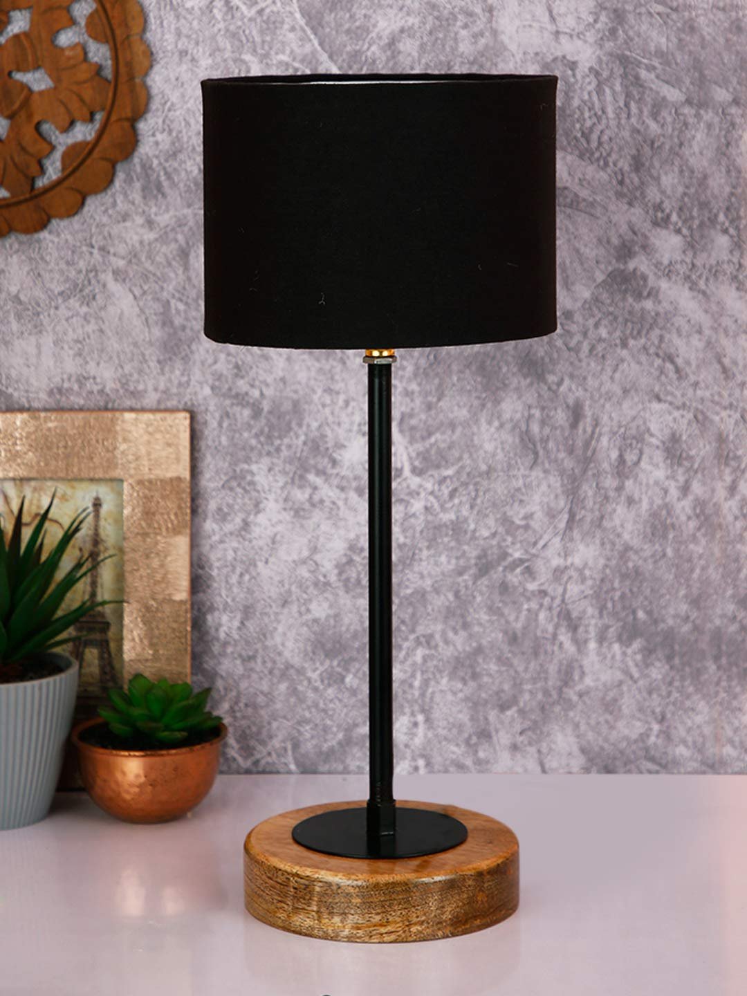 Drum Black Cotton Shade Table Lamp with Wood Base