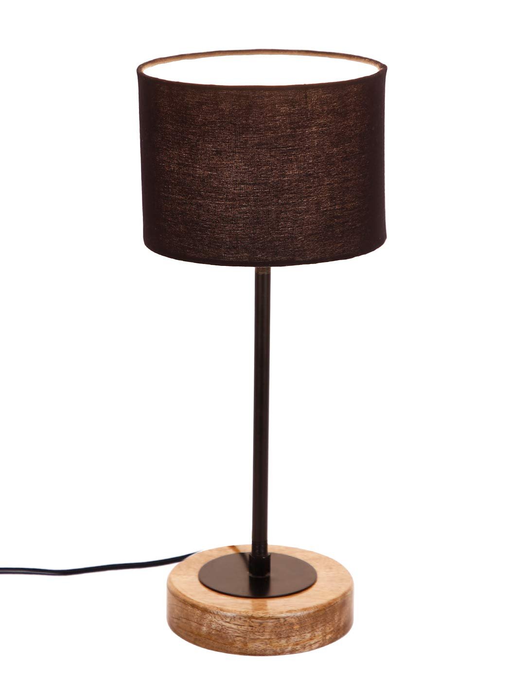 Drum Black Cotton Shade Table Lamp with Wood Base