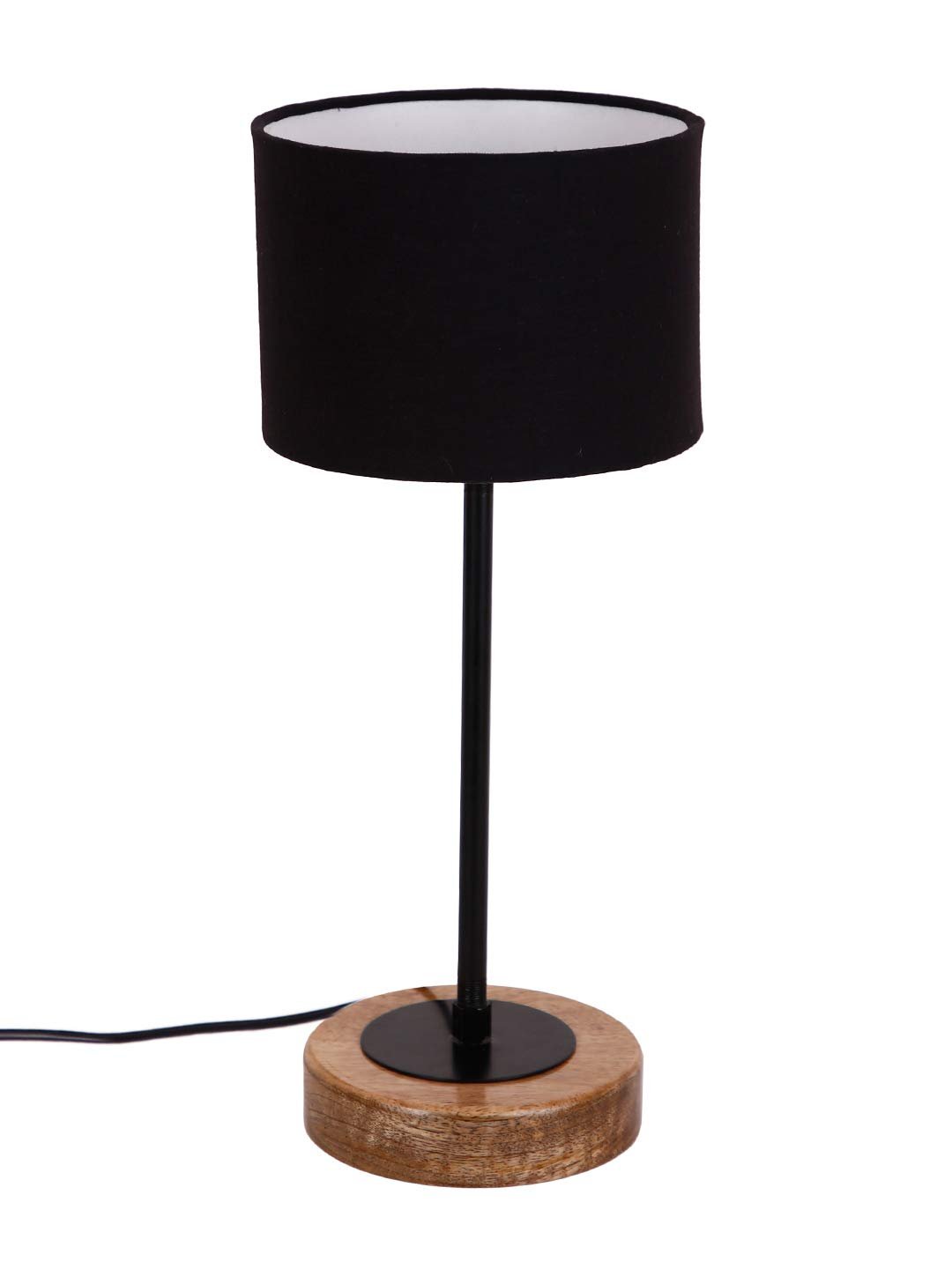 Drum Black Cotton Shade Table Lamp with Wood Base