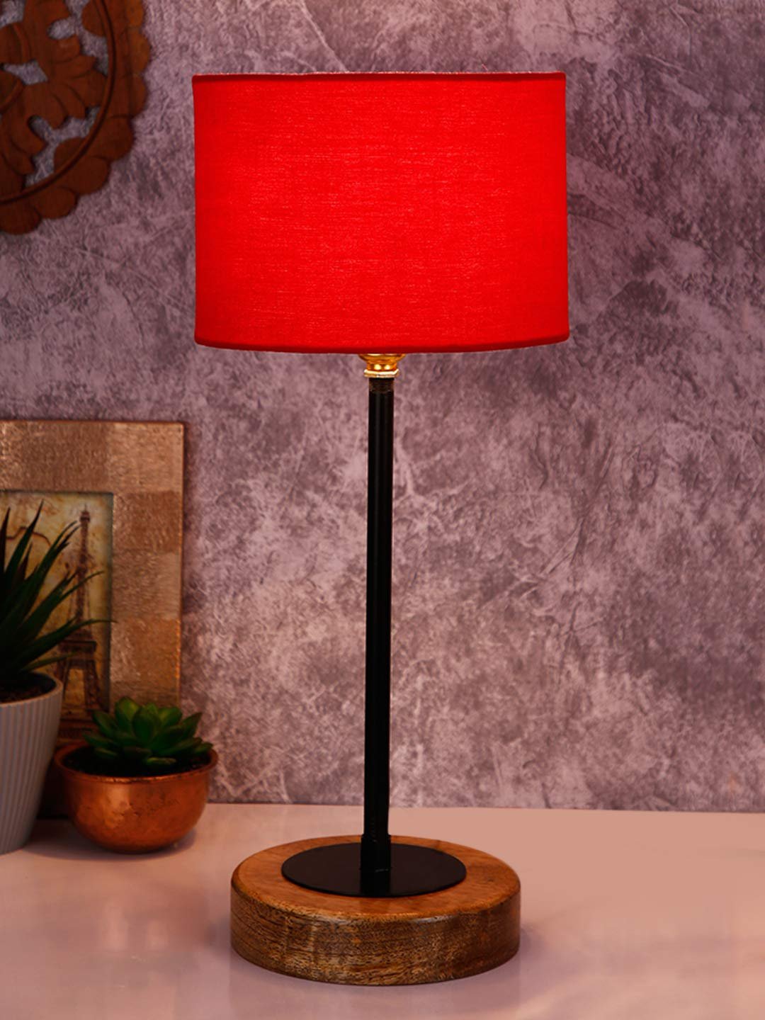 Drum Red Cotton Shade Table Lamp with Wood Base