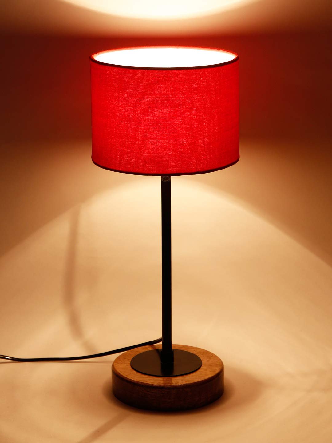 Drum Red Cotton Shade Table Lamp with Wood Base