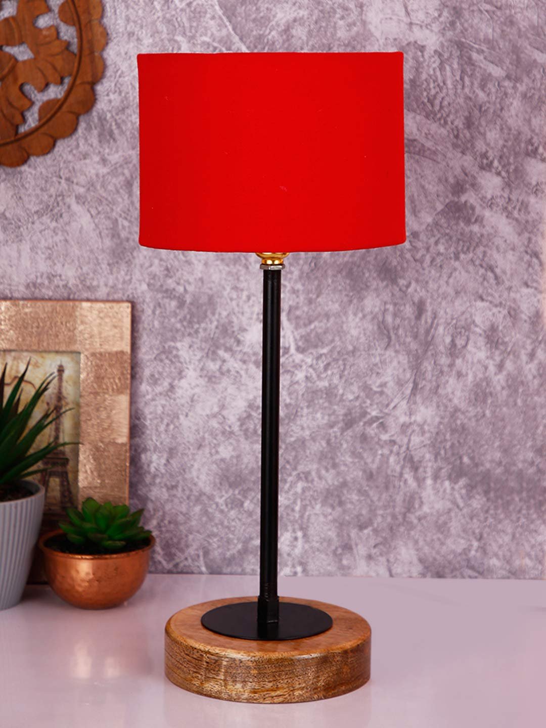 Drum Red Cotton Shade Table Lamp with Wood Base