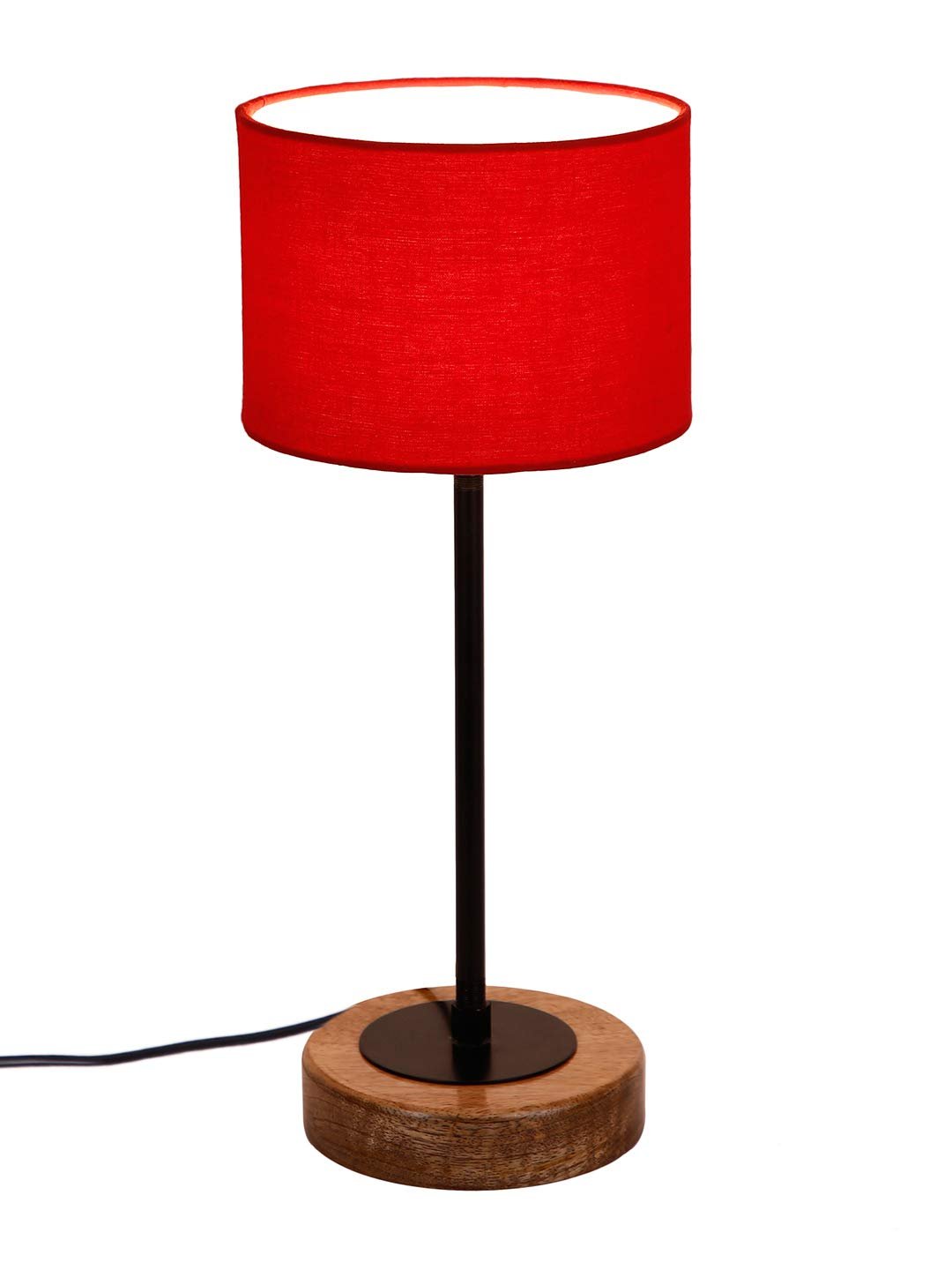 Drum Red Cotton Shade Table Lamp with Wood Base