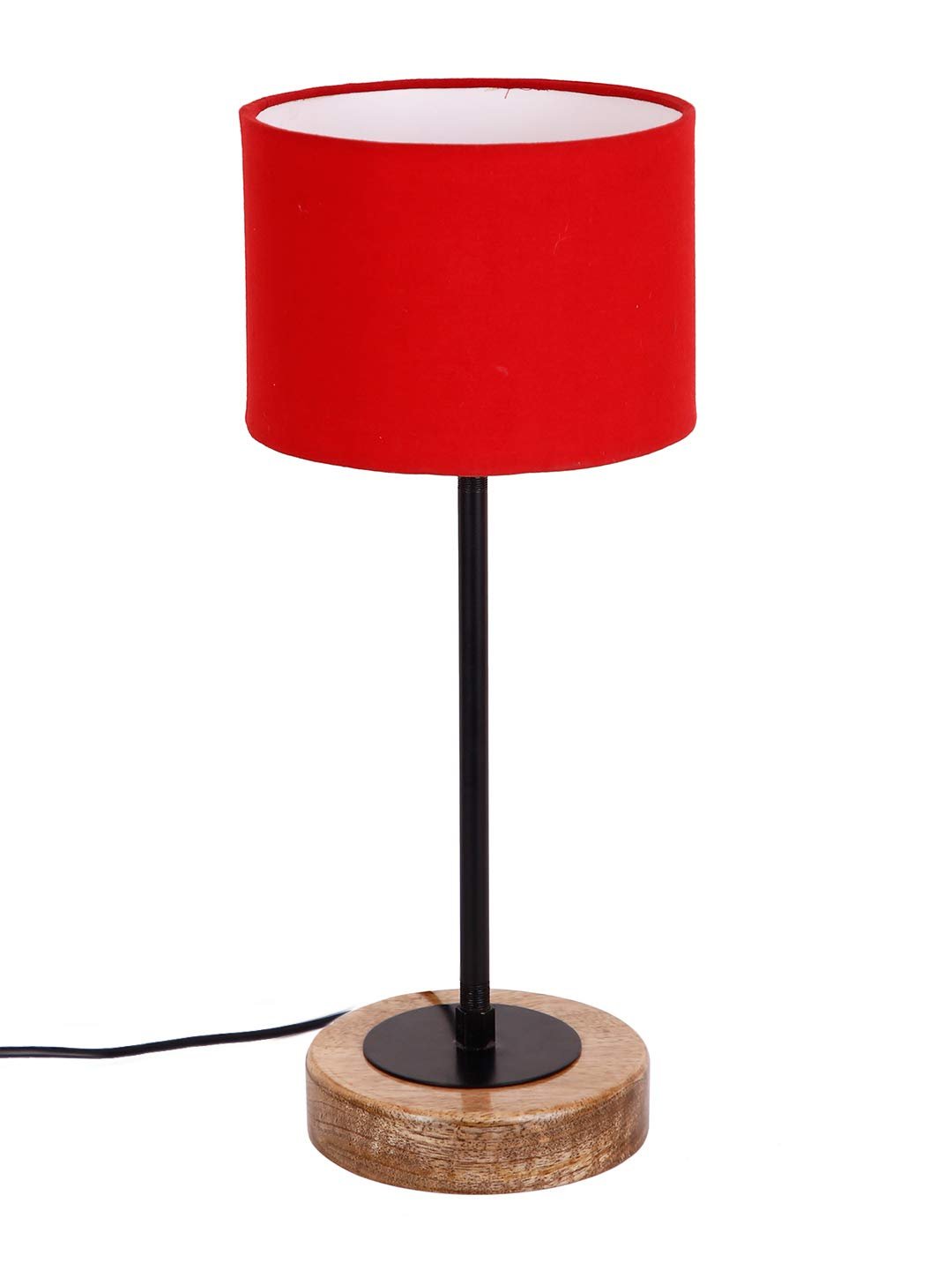 Drum Red Cotton Shade Table Lamp with Wood Base