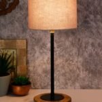 Drum Grey Cotton Shade Table Lamp with Wood Base