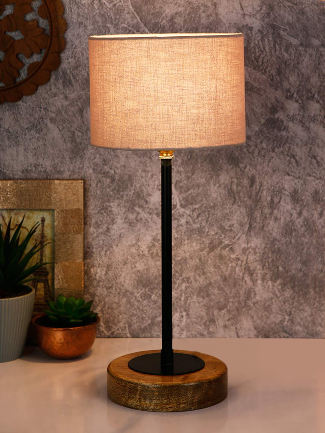 Drum Grey Cotton Shade Table Lamp with Wood Base