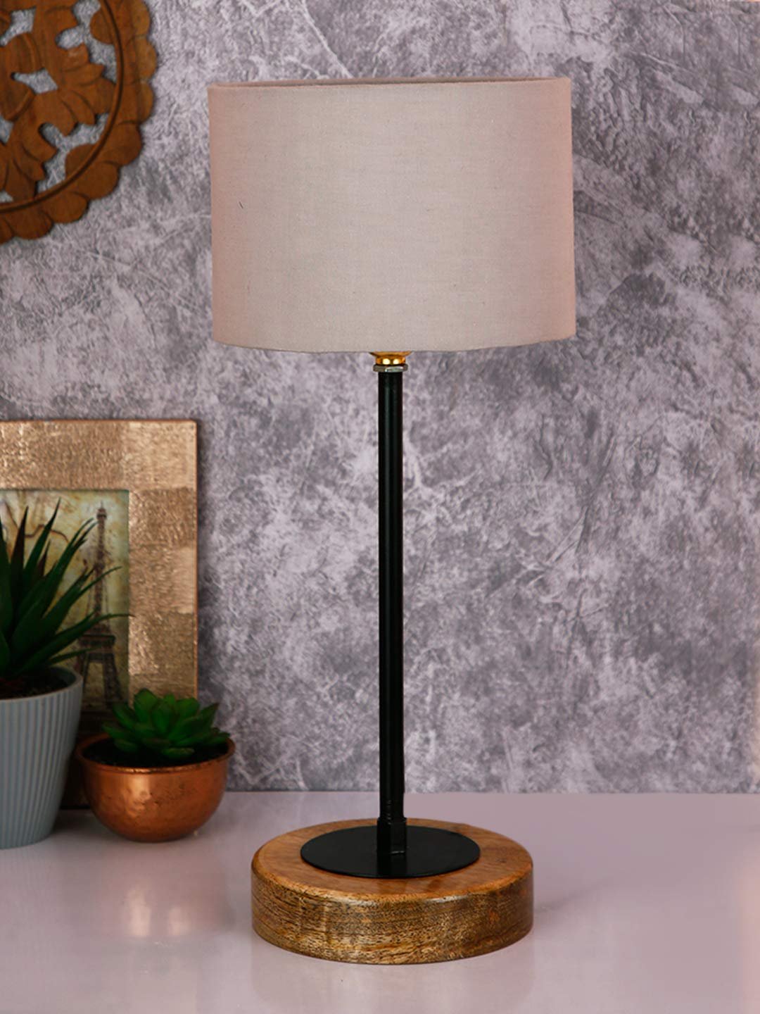 Drum Grey Cotton Shade Table Lamp with Wood Base