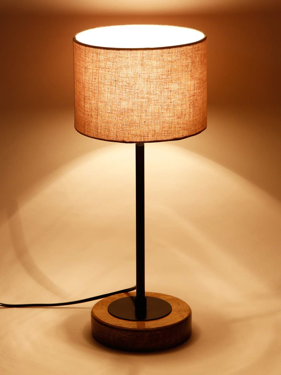 Drum Grey Cotton Shade Table Lamp with Wood Base