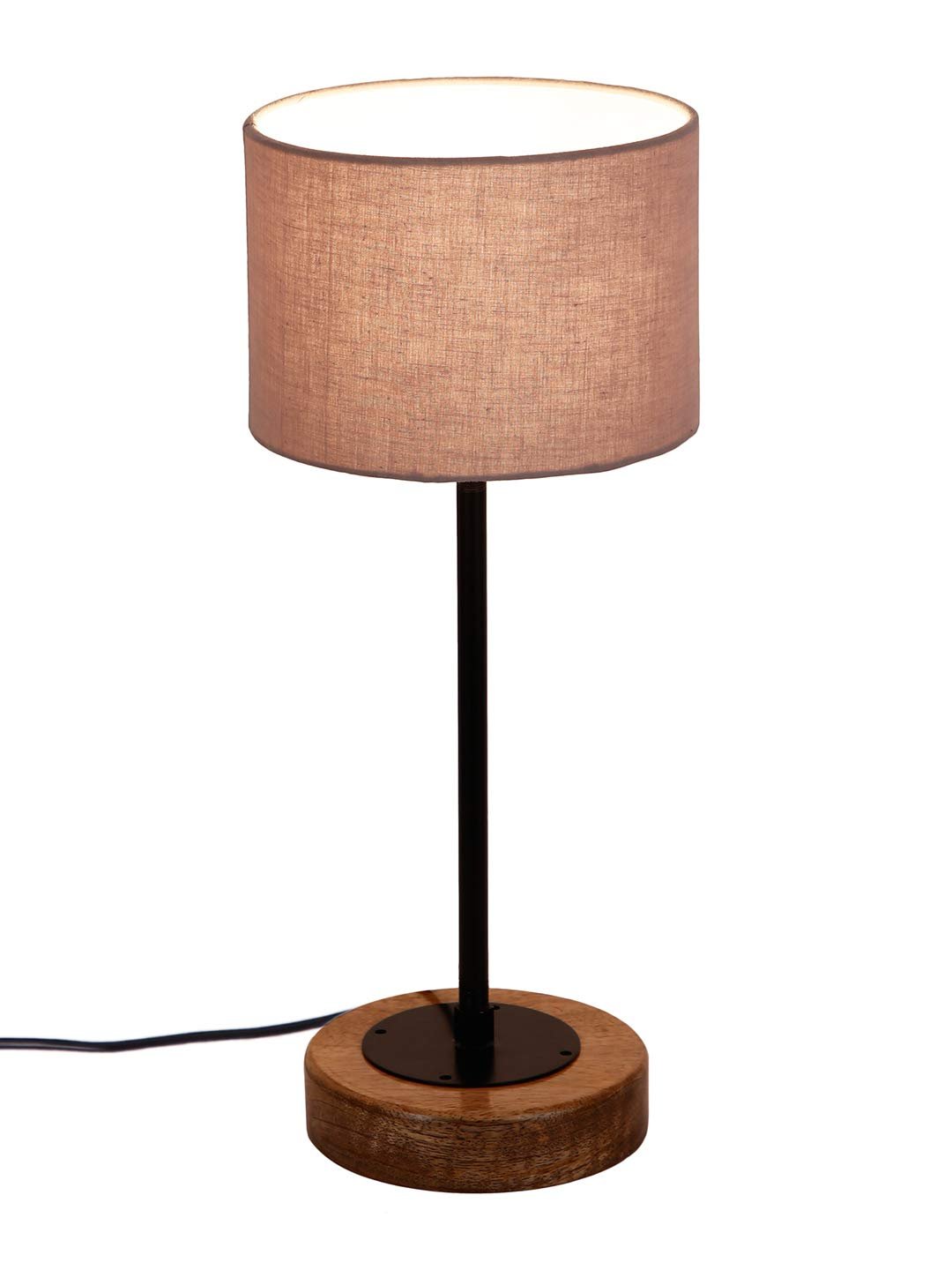 Drum Grey Cotton Shade Table Lamp with Wood Base