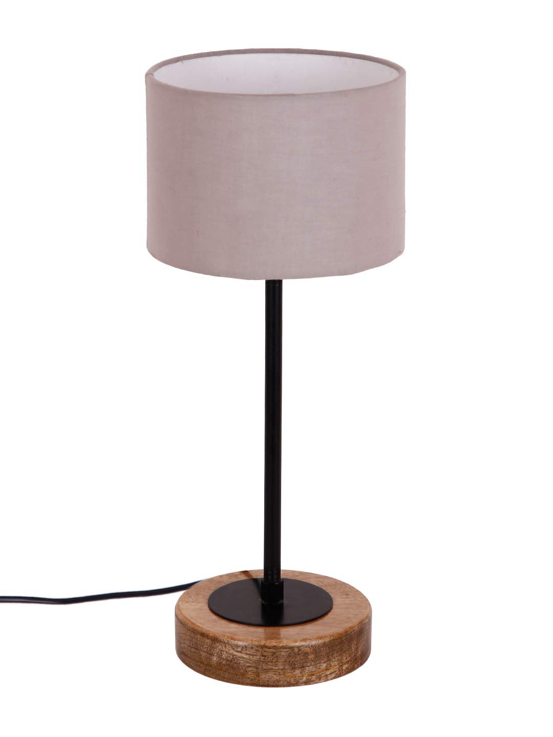 Drum Grey Cotton Shade Table Lamp with Wood Base