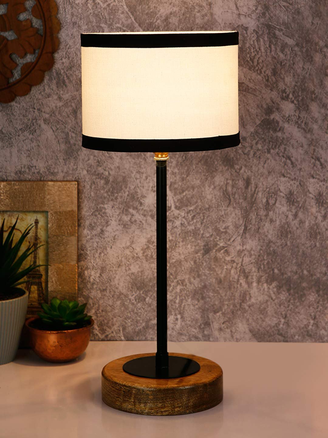 Drum Multicolor Cotton Shade Table Lamp with Wood Base